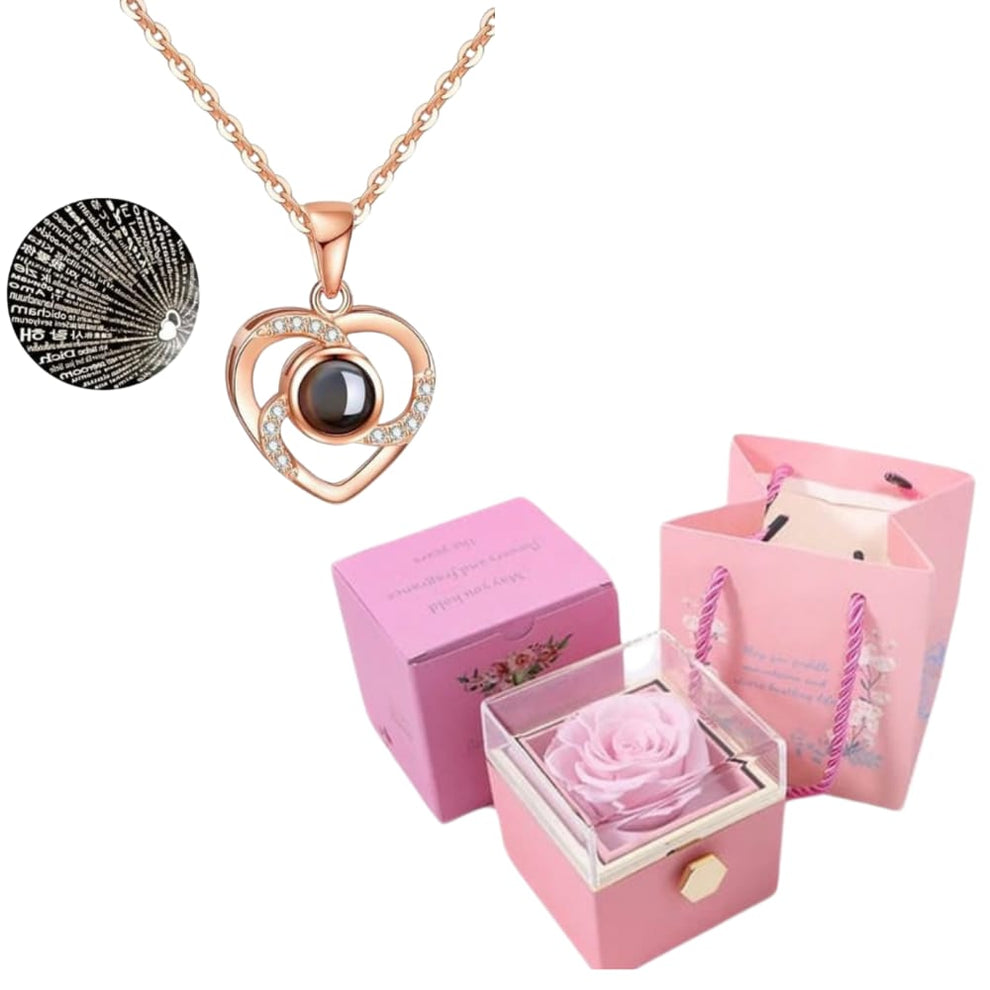 CAJA DE ROSAS ETERNA Y COLLAR "100 te amo"