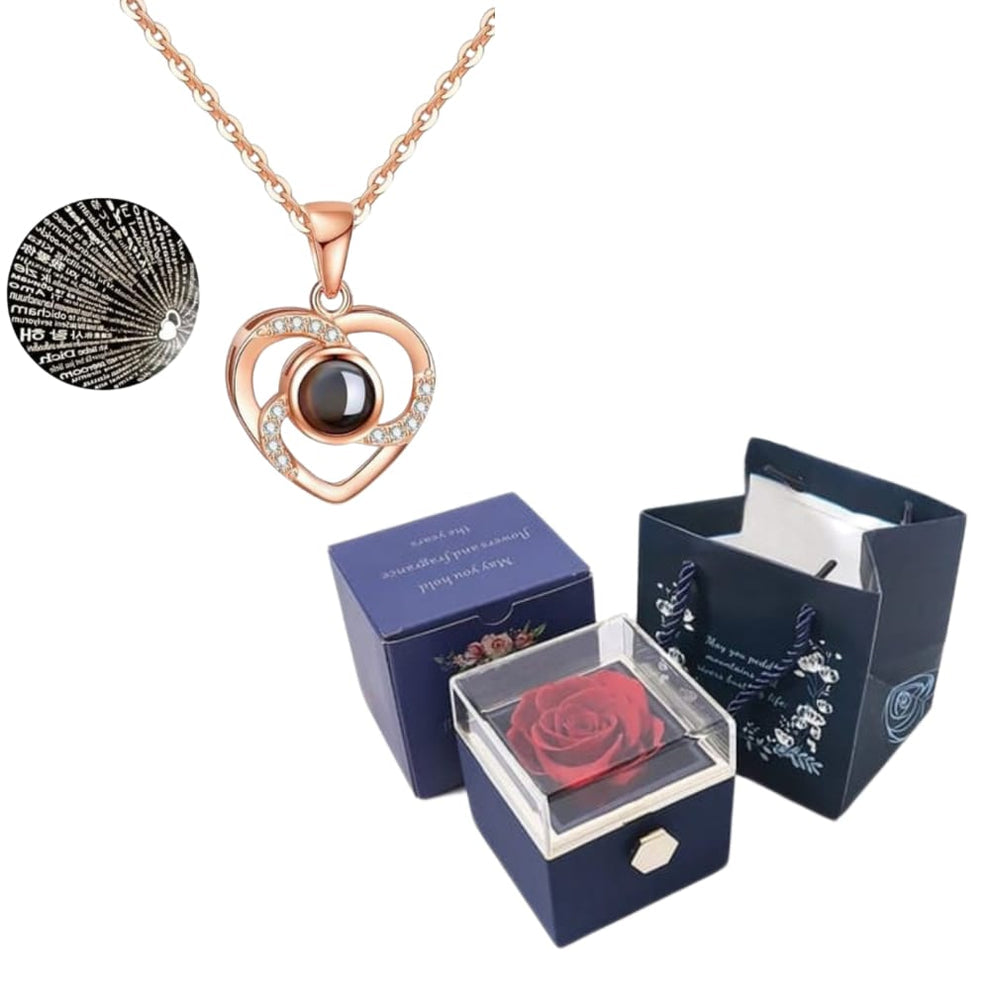 CAJA DE ROSAS ETERNA Y COLLAR "100 te amo"