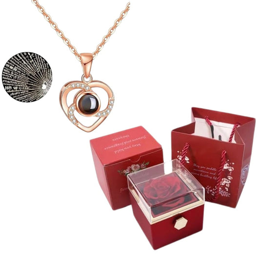 CAJA DE ROSAS ETERNA Y COLLAR "100 te amo"